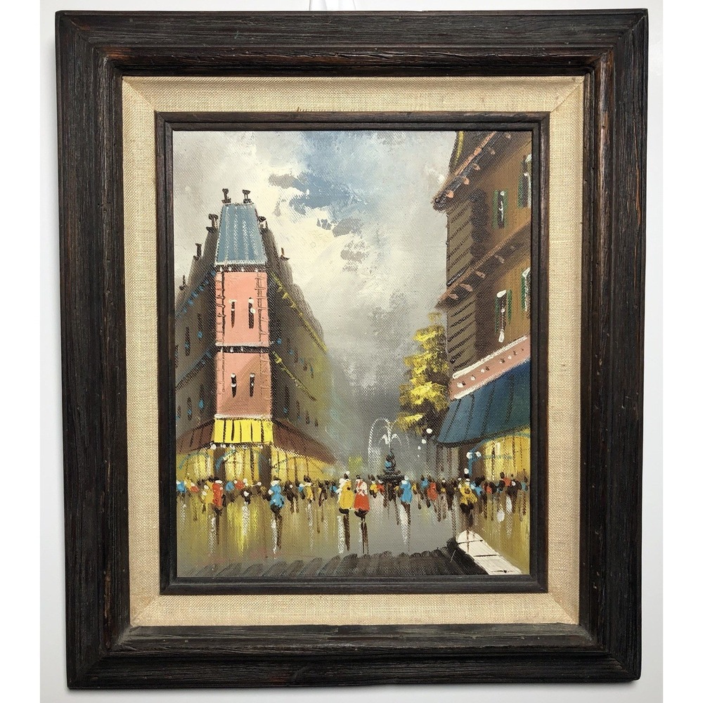 Vtg Mid Century French Street Scene Oil Painting Signed Framed Wall Art 12x14"